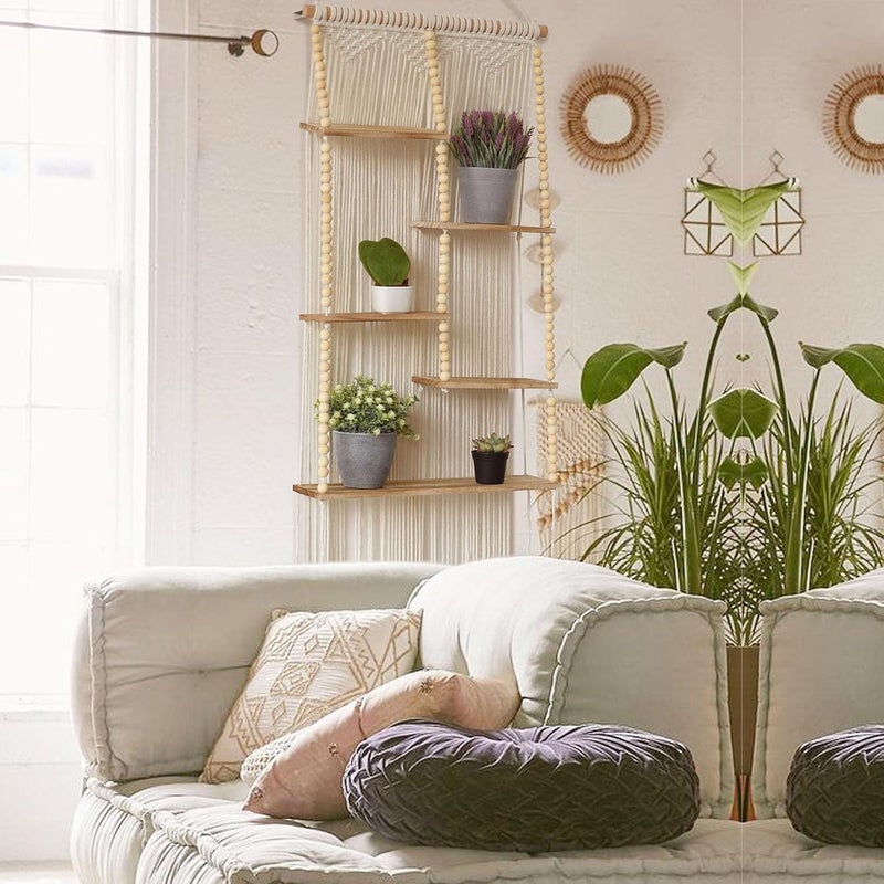 Flber Macrame Wall Hanging Shelf Boho Wall Decor Home 2 Tier Hanger Shelves Braided with Tassels Shelves Organizer for Kitchen, Bedroom, Home Storage, Floating Plant Shelf (Wood) - Image 4